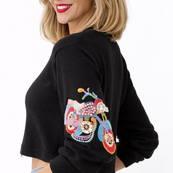 Michael Simon Black Beaded Motorcycle Zip Cardigan Sweater - Picture 2 of 4